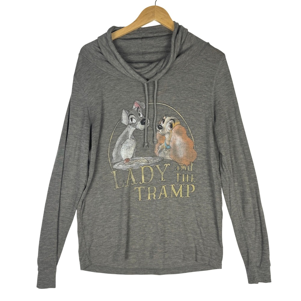 Disney Lady and the Tramp Heather Gray Cowl Neck Graphic Hoodie Pullover Womens‎